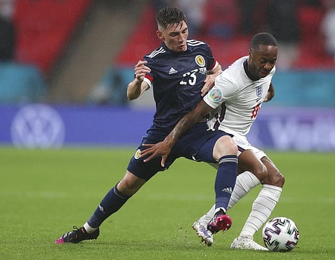 Scotland's Billy Gilmour, left, and England's Phil Foden vie for the ball during the Euro 2020 soccer championship group D match between England and Scotland. (Photo | AP)