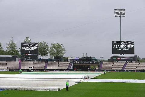 Large screen announce that the play for the day has been abandoned on the first day of the World Test Championship final cricket match between New Zealand and India. (Photo | AP)