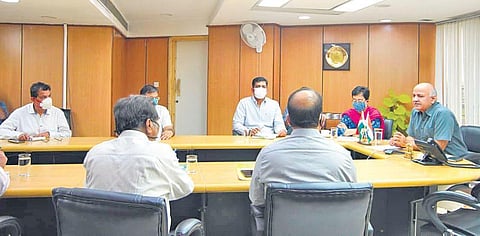 Deputy CM Manish Sisodia chairs a meeting on sports university. (Photo | Twitter)