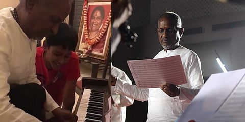 Music legend Ilaiyaraaja with his grandchildren (L) and Ilaiyaraaja in studio (R) (Photos | Screenshot, EPS)
