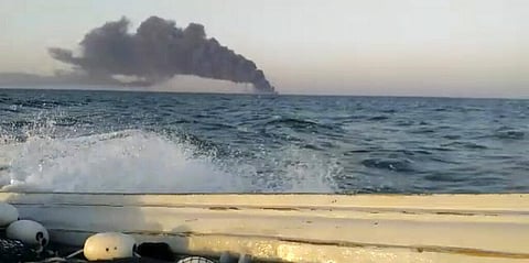 Kharg, the largest warship in the Iranian navy caught fire and later sank Wednesday in the Gulf of Oman under unclear circumstances. (Photo | AP)