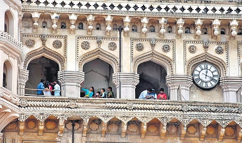 Visitors at the upper portion Charminar after it was reopened on Sunday | RVK Rao
