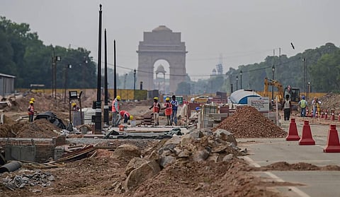 Construction work underway as part of the Central Vista Redevelopment Project, at Rajpath in New Delhi. (File Photo | PTI)