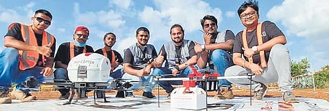 Representatives of Throttle Aerospace Systems with their medical drones in Gowribidanur on Tuesday | Express
