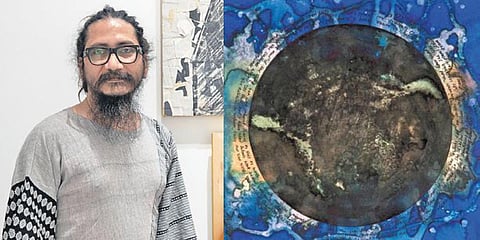 Artist M Pravat (L) and artworks from his Fugitive Dust series