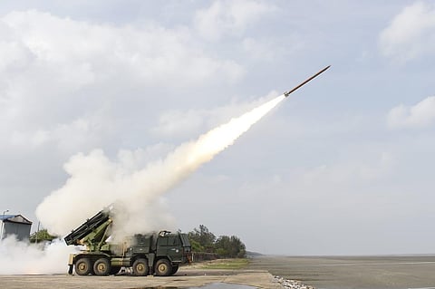 Advanced Pinaka rocket being test-fired from ITR off Odisha coast on Friday. (Photo | Special arrangement)