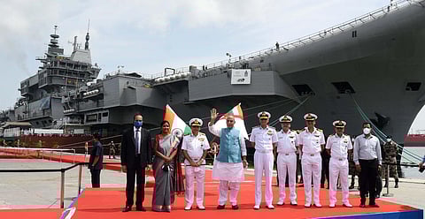 Rajnath Singh reviewing the ongoing work on the Indigenous Aircraft Carrier which is in advanced stages of construction by the Indian Navy. (Photo | Albin Mathew, EPS)