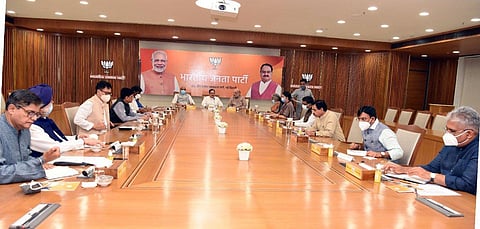 Meeting called by BJP national president JP Nadda at the party's headquarters in New Delhi. (Photo | ANI)