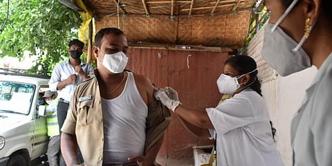 Telangana police personnel receiving Covid jab. (Photo | EPS)
