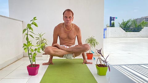 Puran Mal Jain showing the Plavani Pranayama (Photo | EPS)