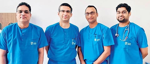 (From left) AIG Hospitals doctors Anuj Kapadia, Rajeev Menon, Swaroop Bharadi and Uday Kiran Anne, who performed a high-risk procedure on a 70-year-old man, in Hyderabad