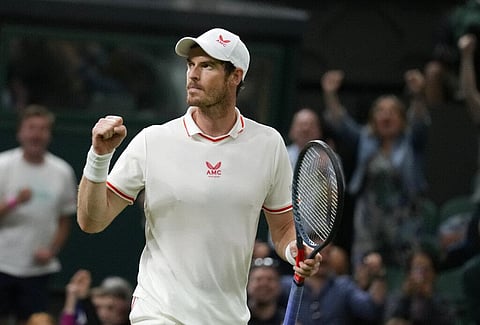 Britain's Andy Murray celebrates winning the men's singles match against Georgia's Nikoloz Basilashvili on day one of the Wimbledon Tennis Championships. (Photo | AP)
