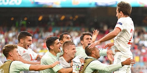 Spain's Mikel Oyarzabal (R) celebrates after scoring his side's fifth goal during the Euro 2020 championship round of 16 match against Croatia in Copenhagen. (Photo | AP)