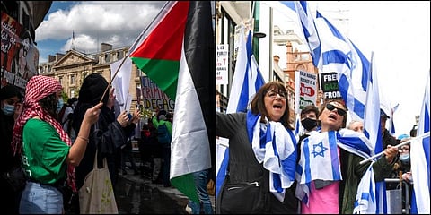 (L) Protesters hold Palestinian flags in Paris as they take part in a rally supporting Palestinians and (R) people take part in a rally near the Israeli embassy in London. (Photos | AP)
