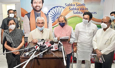 Former CJ of Sikkim HC Permod Kohli briefs the media in New Delhi. (Photo | Parveen Negi, EPS)