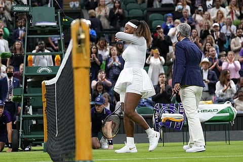 A referee helps Serena Williams of the US off the court after retiring from the women's singles first round match against Aliaksandra Sasnovich of Belarus. (Photo | AP)