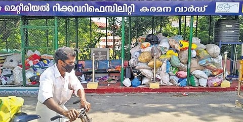 The Thumburmoozhi model community waste management facility at Karamana, has been shut down due to a lack of maintenance. Accumulated waste can be seen stacked up at the facility | BP Deepu