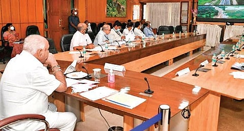 Chief Minister B S Yediyurappa holds a meeting with officials on the Upper Bhadra Canal and Yettinahole projects in Bengaluru on Tuesday | Express