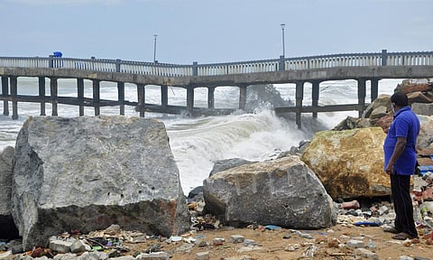 Valiyathura Pier, a popular heritage spot in the capital, was battered by Cyclone Tauktae and rough waves. Public entry is restricted as of now | BP Deepu