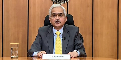Reserve Bank of India Governor Shaktikanta Das during his addresses on decisions of Monetary Policy Committee, in Mumbai on Friday. (Photo | PTI)