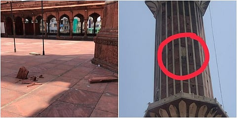 (Left) Broken piece of red sandstone slab (Right) The tower from which the sandstone slab fell off
