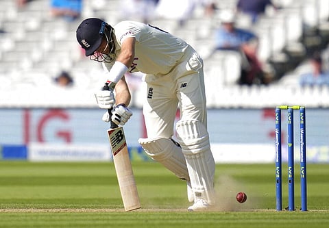 England's Joe Root plays a shot off the bowling of New Zealand's Kyle Jamieson during the second day of the Test match between England and New Zealand. (Photo | AP)