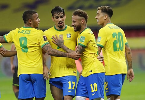 Brazil's Neymar, 2nd right, celebrates with teammates after scoring his side's second goal on a penalty kick against Ecuador during a qualifying soccer match for the FIFA World Cup 2022. (Photo | AP)