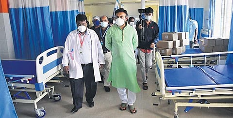 Health Minister Dr K Sudhakar inspects the Dr CV Raman General Hospital in Bengaluru on Saturday | Ashishkrishna HP