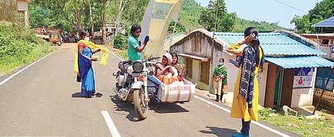 The bike ambulance dropping patients at Mudulipada PHC in Bonda Hill. (Photo | Express)