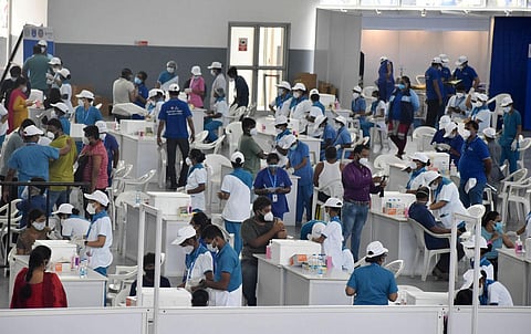 Beneficiaries get vaccinated against Covid-19 in Hyderabad. (Photo | S Senbagapandiyan, EPS)
