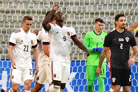 Belgium's Romelu Lukaku, center, celebrates after scoring the opening goal of the match during the international friendly soccer match between Belgium and Croatia. (Photo | AP)