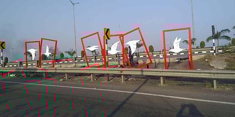 Framed bird installations set up as part of main carriageway beautification at Shamshabad interchange. (File Photo | Vinay Madapu, EPS)
