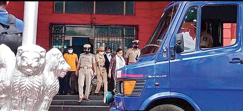 Rajeshwari Shetty, wife of Bhaskar Shetty (right), leaves the courthouse after she was sentenced for her husband’s murder, in Udupi on Tuesday | Express