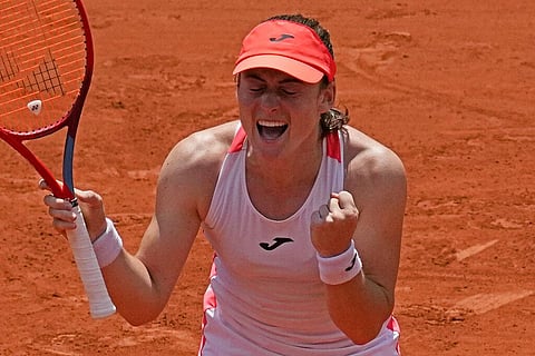 Slovenia's Tamara Zidansek celebrates as she defeats Spain's Paula Badosa during their quarterfinal match of the French Open. (Photo | AP)