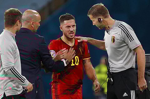 Belgium's Eden Hazard leaves the pitch after being substituted during the Euro 2020 soccer championship round of 16 match between Belgium and Portugal. (Photo | AP)