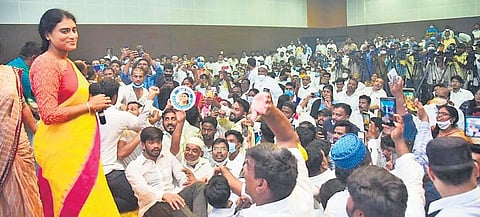 YS Sharmila addresses her followers after launching the YSSR website in Hyderabad on Wednesday