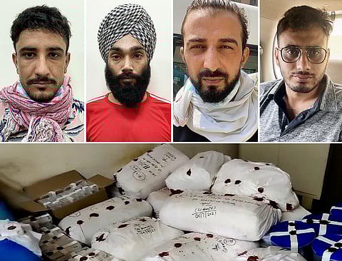 Combo picture of 4 accused namely Gurjot Singh, Gurpreet Singh, Rizwan Kashmiri, and Hazart Ali arrested by Delhi Police in and seized 354 kg of heroin in New Delhi on Saturday. (Photo | ANI)