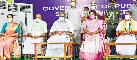 Puducherry Lieutenant Governor Dr Tamilisai Soundararajan with Chief Minister N Rangasamy and other ministers who were sworn in. (File photo | Express)