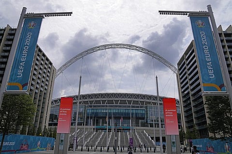 A view of Wembley stadium in London, Friday, July 9, 2021. (Photo | AP)