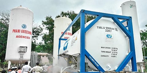 An oxygen storage tank being refilled at Government General Hospital in Vijayawada on Saturday. (Photo I Express)