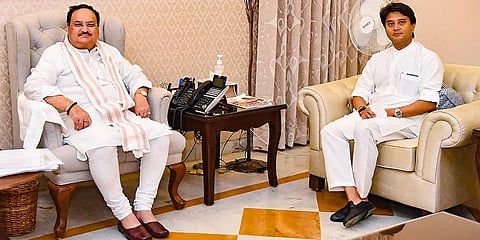 Union Minister for Civil Aviation Jyotiraditya M. Scindia meets Bharatiya Janata Party National President JP Nadda, in New Delhi on Sunday. (Photo | PTI)