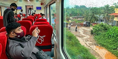 A passenger records a video in South Indias first train with Vistadome coach inaugurated in Mangaluru Junction Railway station, Sunday. (Photo | PTI)