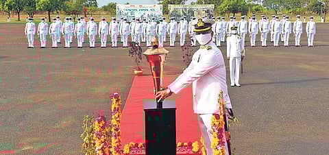 Station Commander Captain Aashish K Sharma along with Defence personnel and dignitaries received the Victory Flame with a ceremonial guard of honour