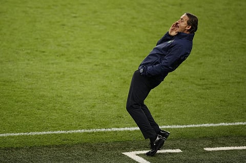 Italy's coach Roberto Mancini speaks to his players during EURO 2020 final against England at the Wembley Stadium in London on July 11, 2021. (Photo | AFP)