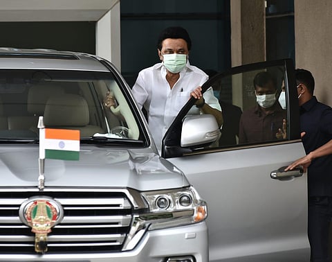 Tamil Nadu Chief Minister MK Stalin leaves after chairing the all-party meeting in Chennai on Monday (Express Photo | P Jawahar)