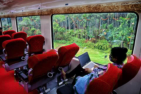 The seats in each Vistadome coach can rotate 180 degrees and they have large and wide windows which offer a clear view of the landscape outside. (Photo | Shriram BN, EPS)
