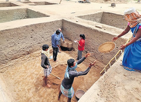 The authorities were studying the explored earthenware at a trench in Keezhadi on Monday | kk sundar