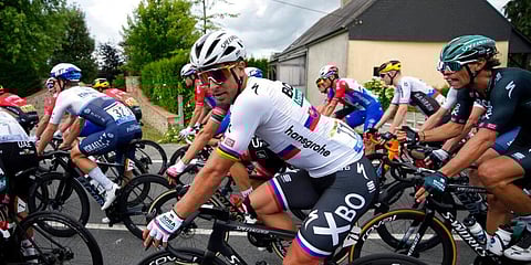 Solvakia's Peter Sagan riding with the pack during the fourth stage of the Tour de France cycling race. He had crashed into Caleb Ewan in the previous round. (File Photo | AP)