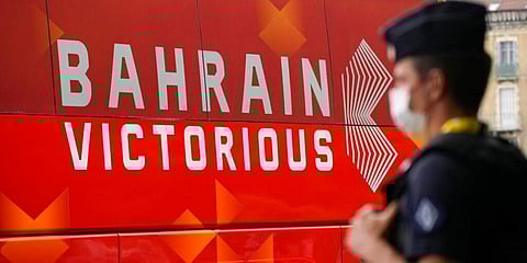 The Bahrain Victorious team bus is parked prior to the eighteenth stage of the Tour de France cycling race. (Photo | AP)