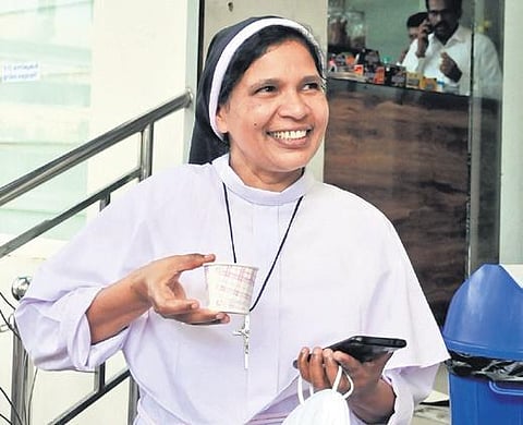 Sr Lucy Kalappura sipping a cup of tea after attending a virtual hearing in High Court on Wednesday | A Sanesh
